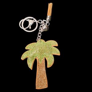 Rhinestone Palm Tree Bag Charm Keychain with Tassel